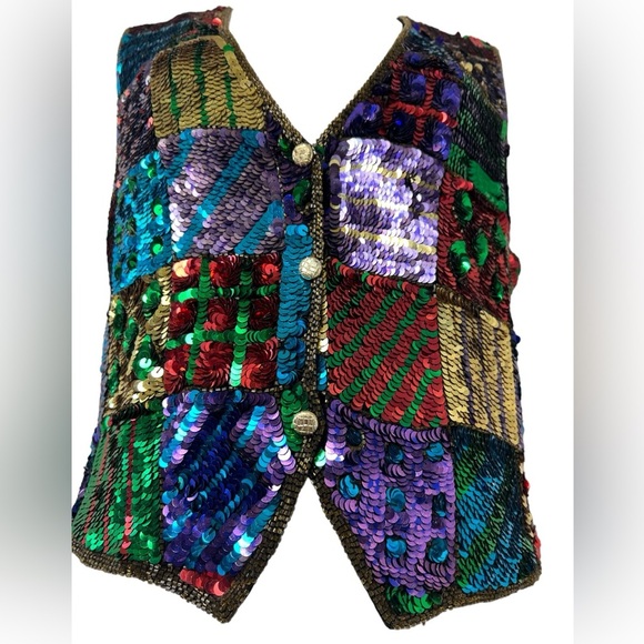 Modi Vintage Fully Sequined & Beaded Funky Festival Disco Silk Vest & Short Set - Picture 6 of 13
